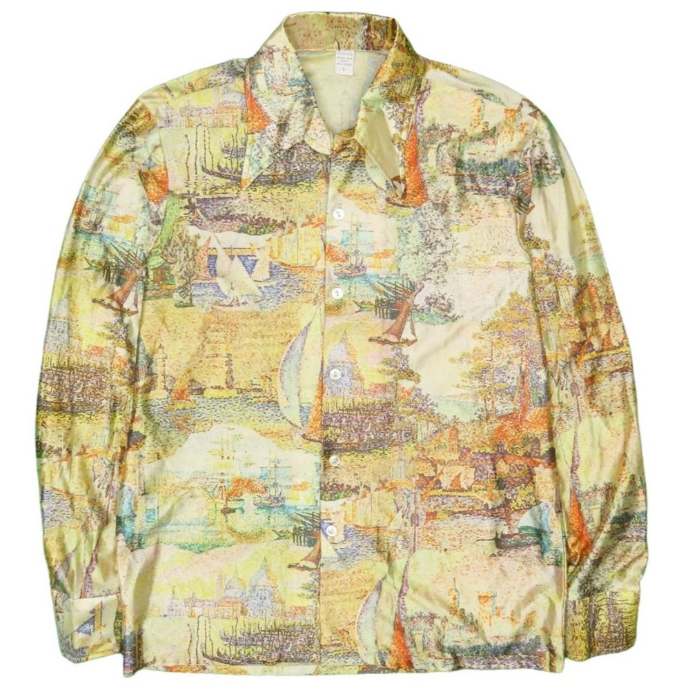 1970s Vintage "Europe Scenes" Button Up Dagger Collar Polyester Shirt Size L